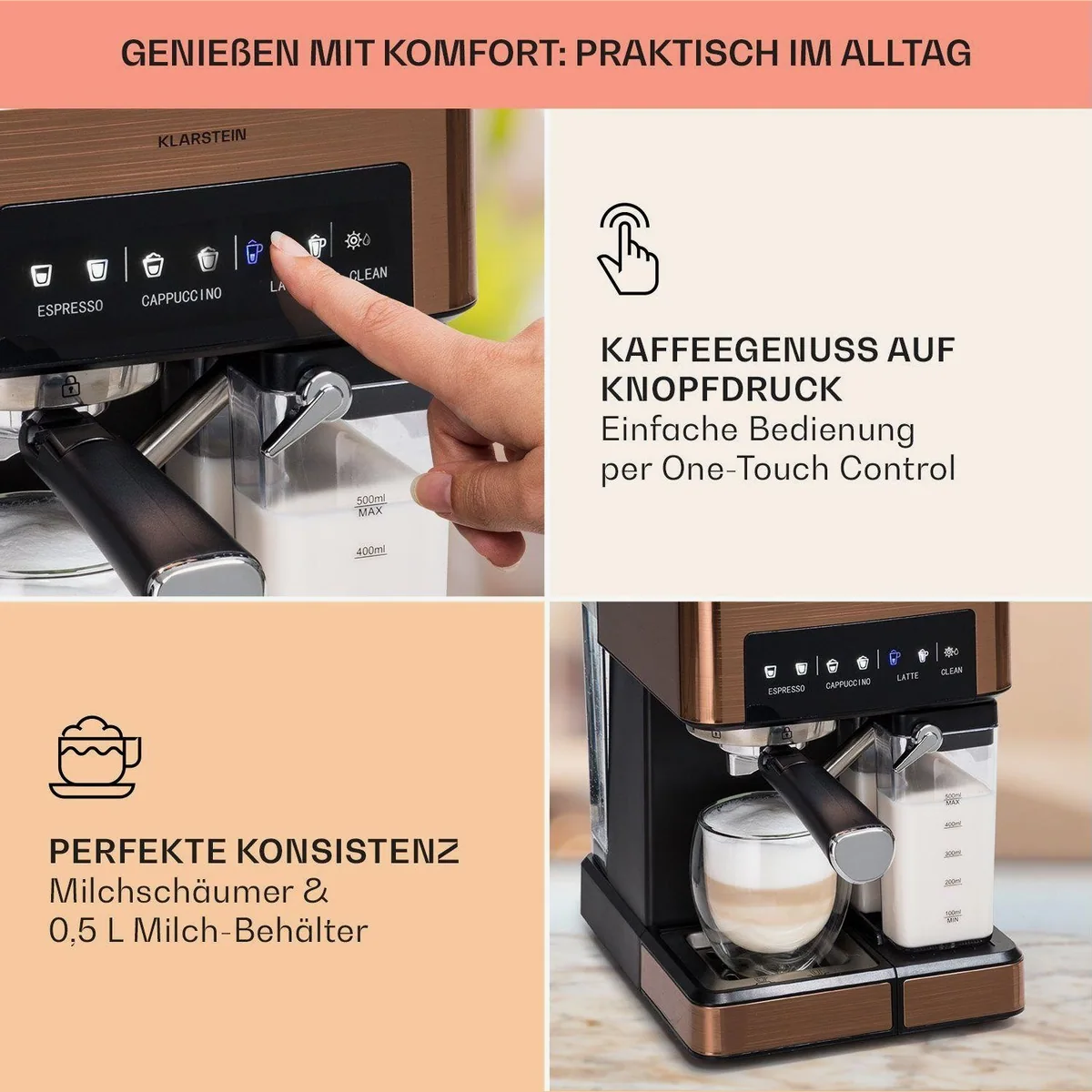 Klarstein Arabica Comfort Siebträgermaschine, 20 bar Pumpendruck, 1,8 l Wassertank, Edelstahl-Dampfdüse 4