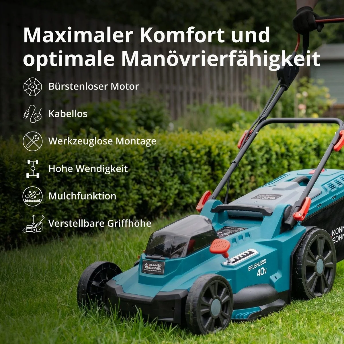Könner & Söhnen KS 43LM-40V, zentrale Schnitthöhenverstellung, Akkubetrieb – hohe Effizienz 3