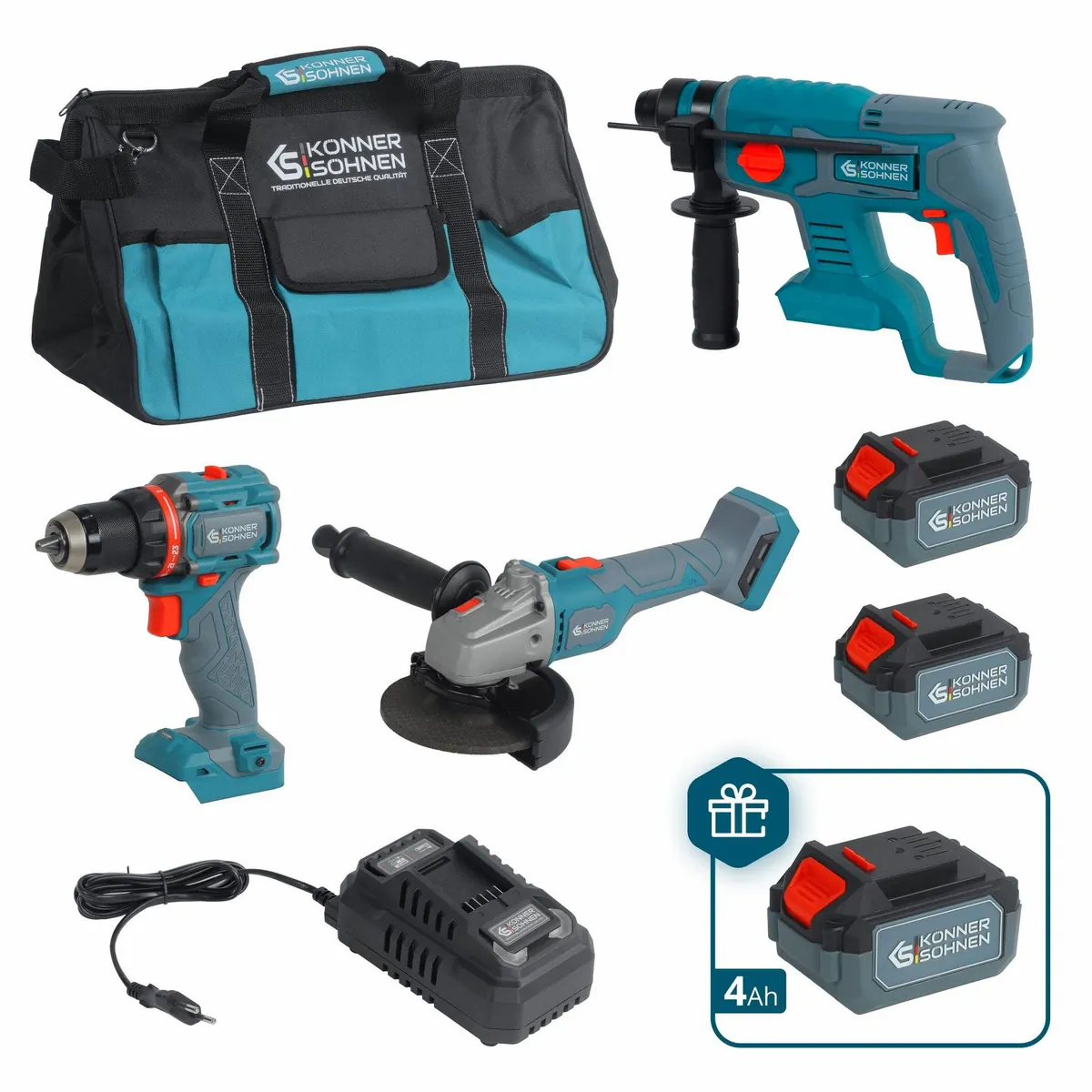 Könner & Söhnen KS RHAGD 20V SET 3 PLUS, 3-in-1 Akku-Bohrschrauber, Winkelschleifer & Bohrhammer