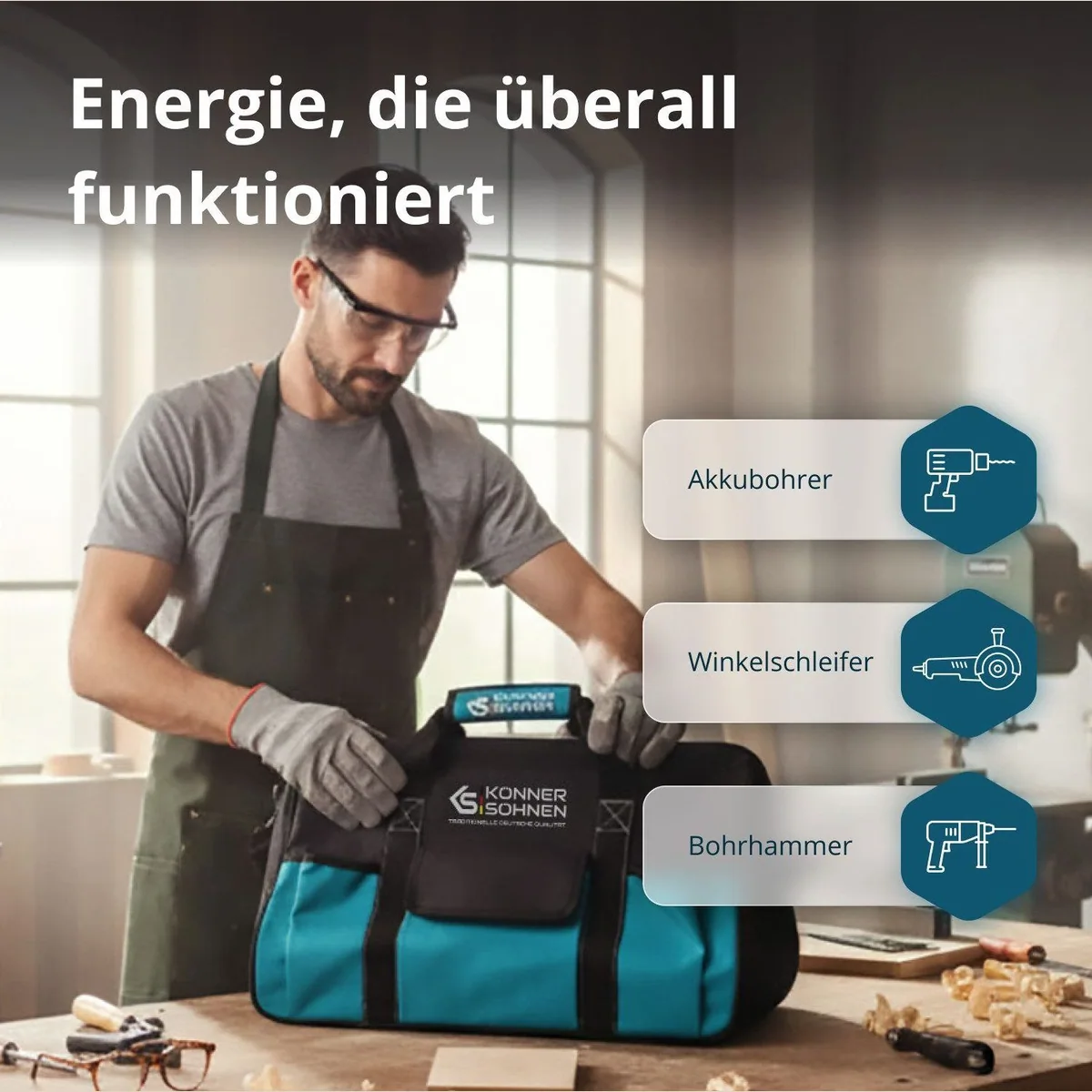 Könner & Söhnen KS RHAGD 20V SET 3 PLUS, 3-in-1 Akku-Bohrschrauber, Winkelschleifer & Bohrhammer 3