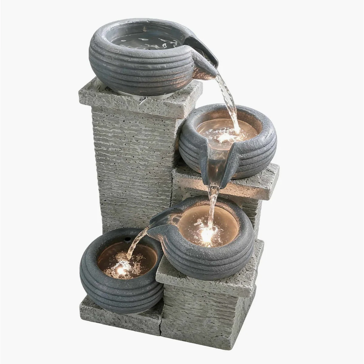 KOMFOTTEU Gartenbrunnen 4-stufig, LED-Beleuchtung, einstellbare Pumpe