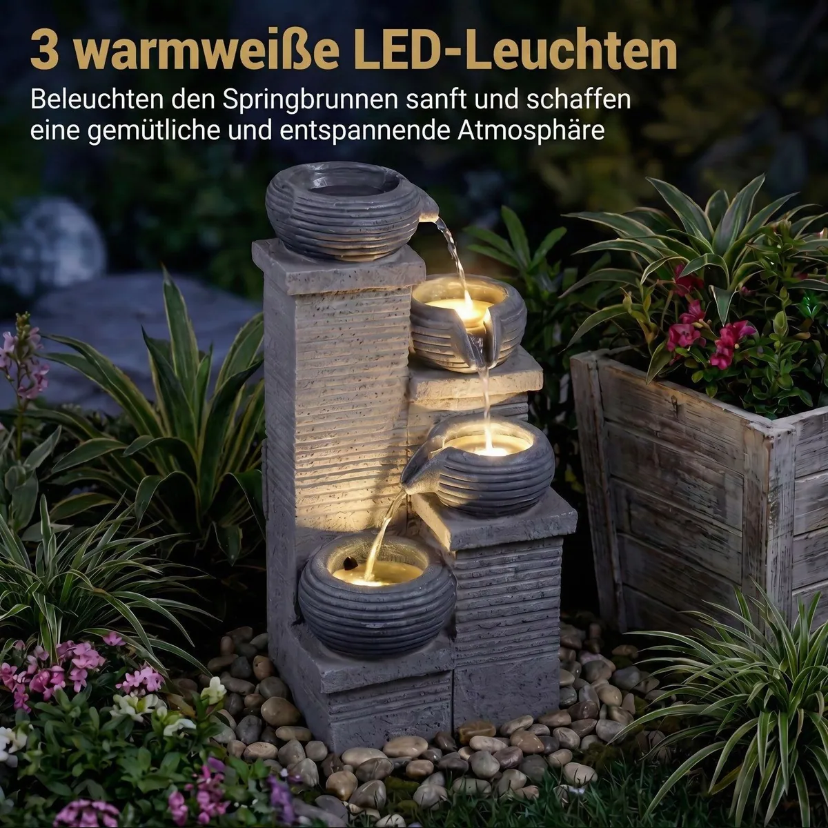 KOMFOTTEU Gartenbrunnen 4-stufig, LED-Beleuchtung, einstellbare Pumpe 3