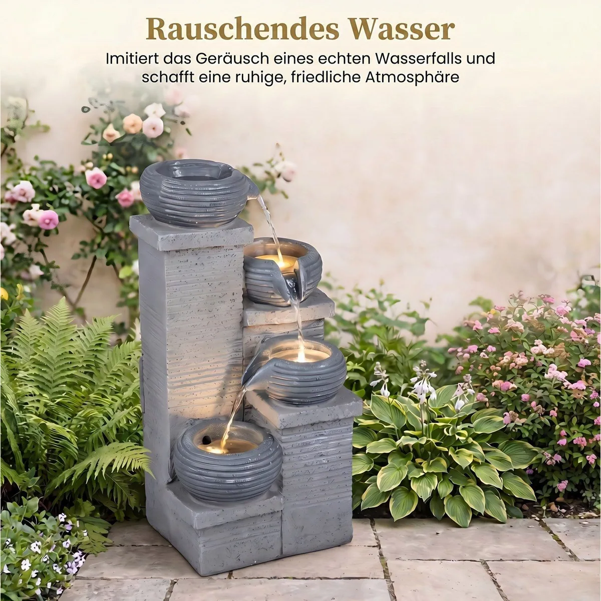 KOMFOTTEU Gartenbrunnen 4-stufig, LED-Beleuchtung, einstellbare Pumpe 4