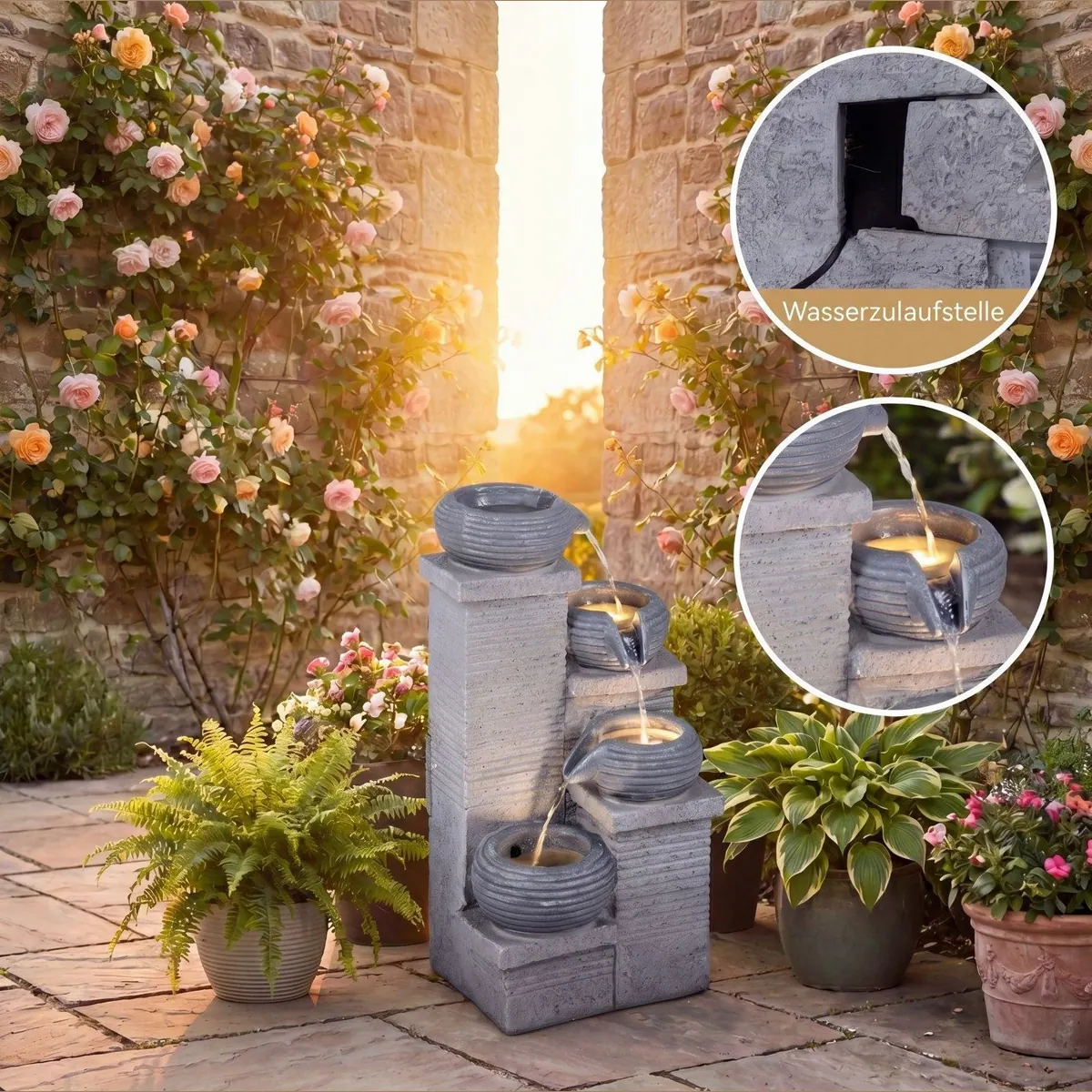 KOMFOTTEU Gartenbrunnen 4-stufig, LED-Beleuchtung, einstellbare Pumpe 5