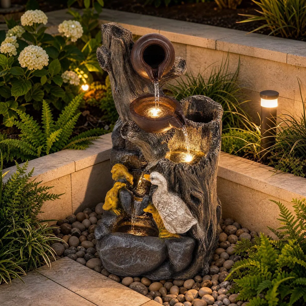 KOMFOTTEU Zimmerbrunnen, 4-stufig, LED-Beleuchtung, dekorativ — 30 x 27 x 57 cm