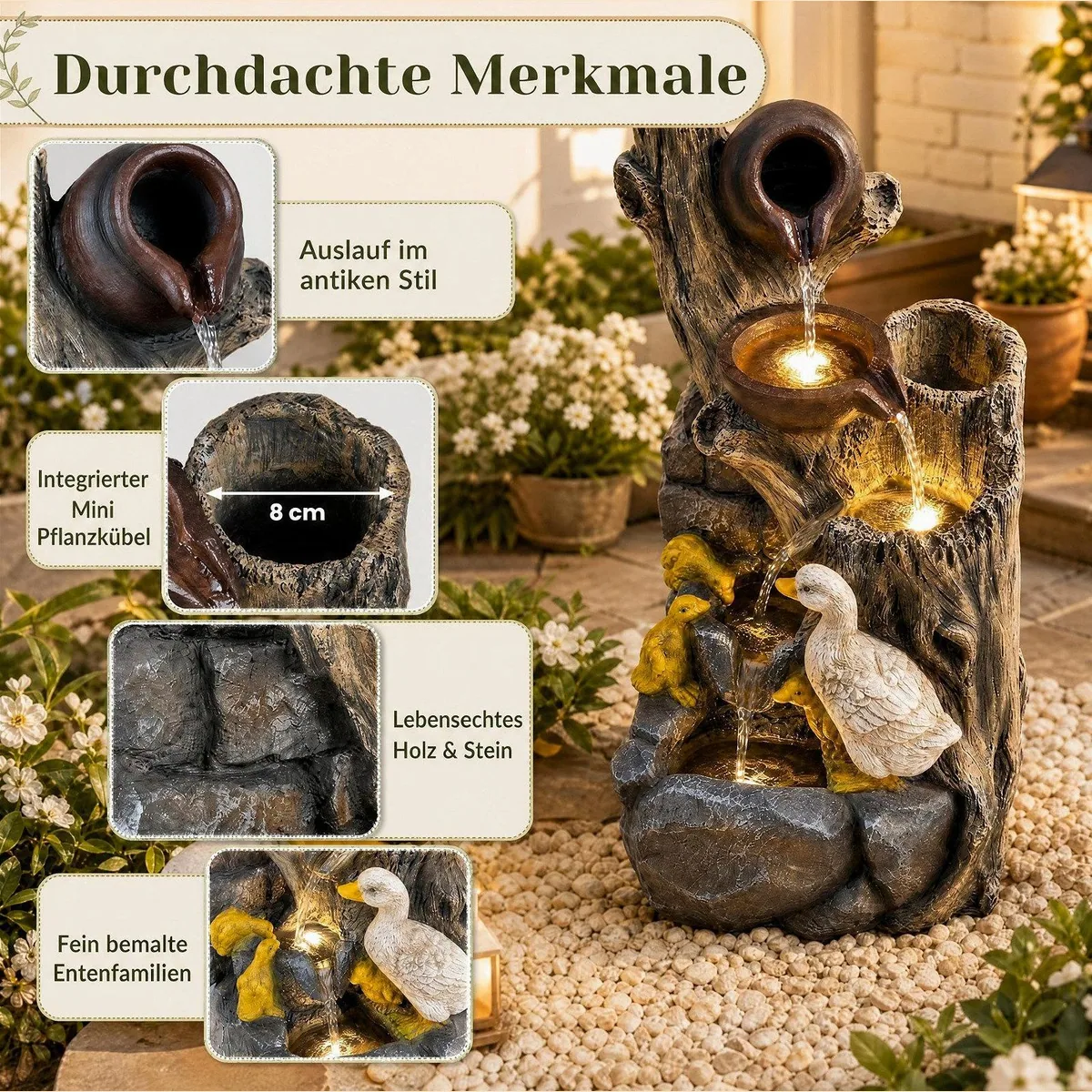 KOMFOTTEU Zimmerbrunnen, 4-stufig, LED-Beleuchtung, dekorativ — 30 x 27 x 57 cm 3