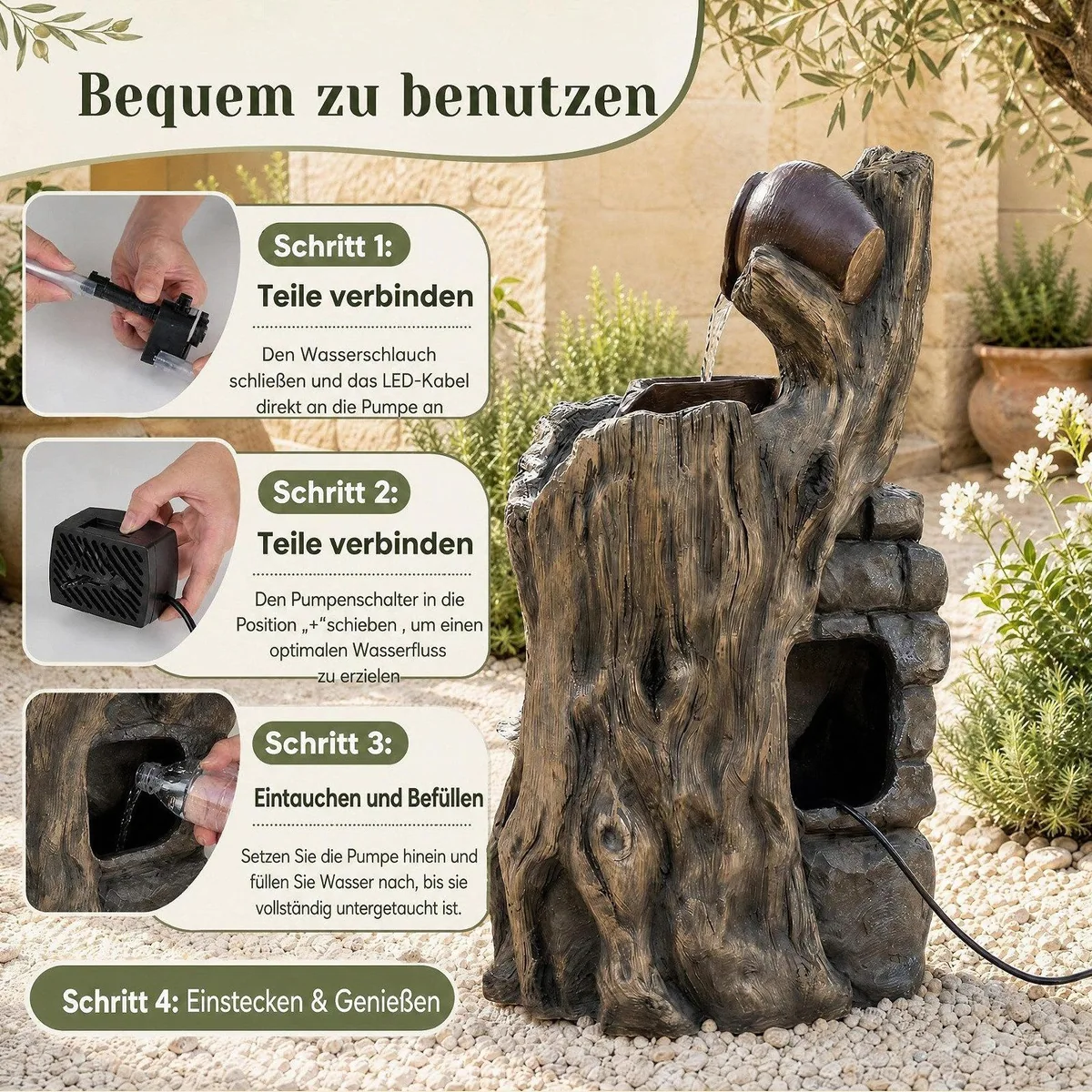 KOMFOTTEU Zimmerbrunnen, 4-stufig, LED-Beleuchtung, dekorativ — 30 x 27 x 57 cm 4
