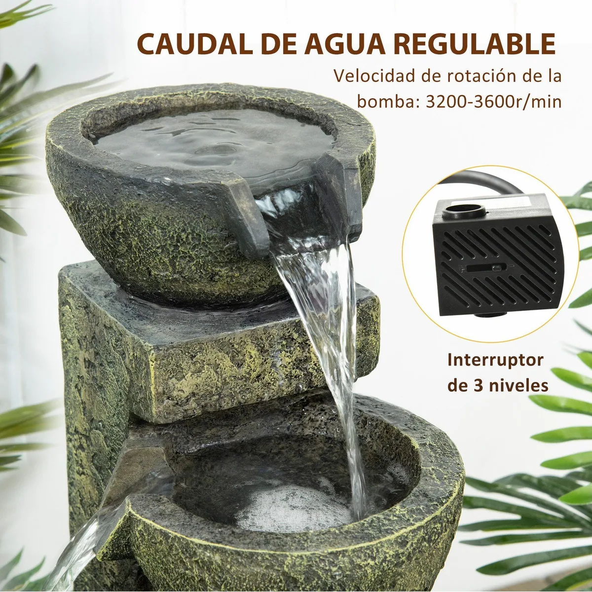 kowdom Gartenbrunnen, 4-stufige Kaskade, regelbarer Wasserfluss — Natursteinoptik, wetterfest, entspannende Klangkulisse 2