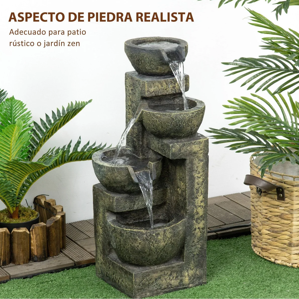 kowdom Gartenbrunnen, 4-stufige Kaskade, regelbarer Wasserfluss — Natursteinoptik, wetterfest, entspannende Klangkulisse 4