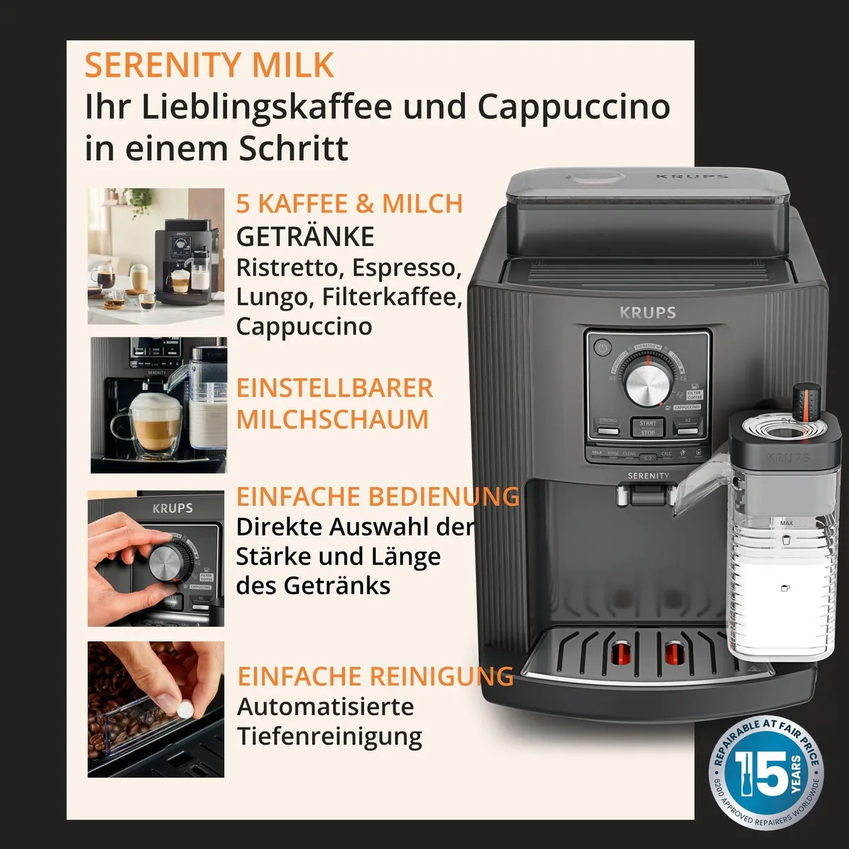 Krups EA402H Kaffeevollautomat, Milk Maestro-Technologie, 5 Getränke, automatische Reinigung 4