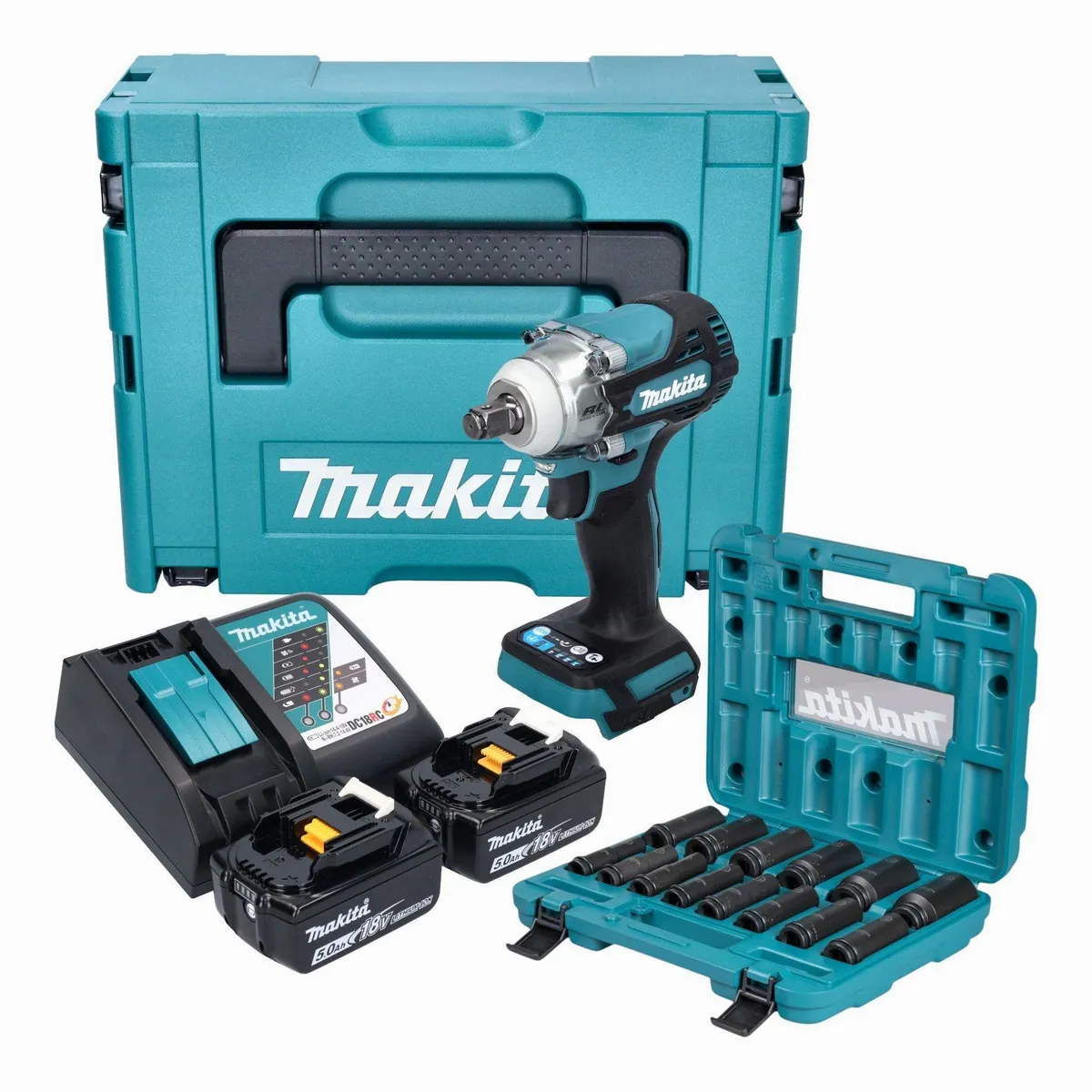 Makita DTW 300 Akku-Schlagschrauber, 330 Nm Drehmoment, 2x 5,0 Ah Akku — bürstenlos, LED Licht, 4 Schlagmodi