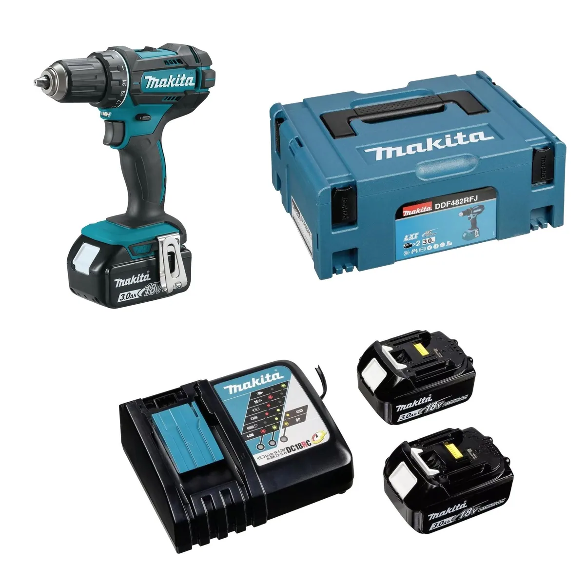 Makita DDF482RFJ Akku-Bohrschrauber, 2 Akkus & Ladegerät im Koffer — leistungsstark, ergonomisch, vielseitig