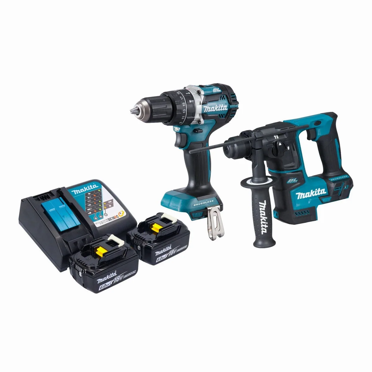 Makita DLX 2278 RG Kombi-Set, 18 V Akku-Schlagbohrschrauber und Bohrhammer — 54 Nm Drehmoment, bürstenloser Motor, LED-Licht