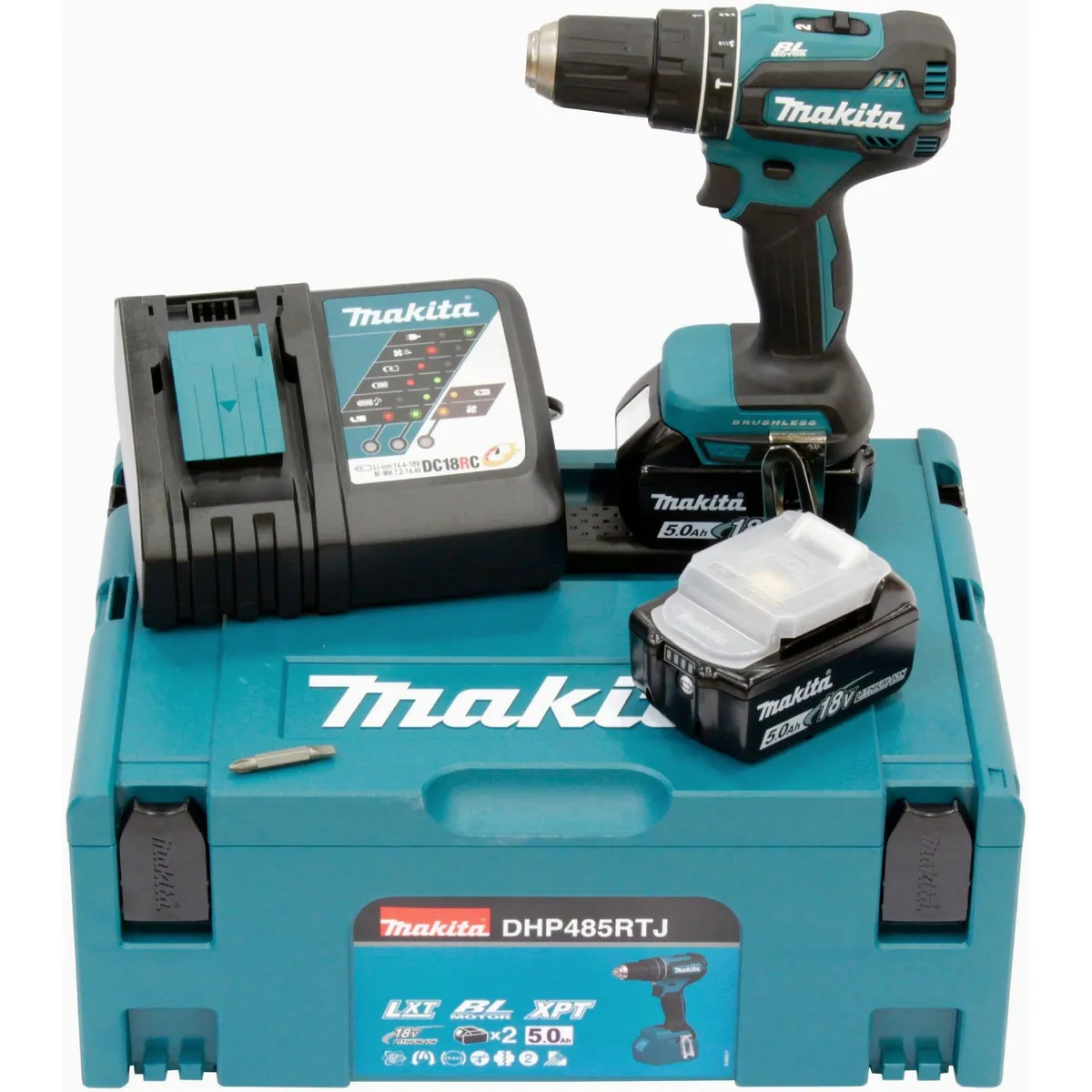 Makita DHP485RTJ Akku-Schlagbohrschrauber, 1900 U/min, 2x 18 V/5 Ah Akkus — inkl. Ladegerät & Koffer