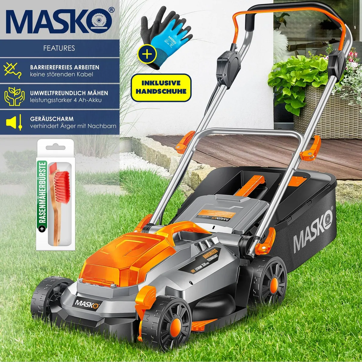 MASKO Akku-Rasenmäher ECO-X10, 33cm Schnittbreite, 4,0Ah Akku, geräuscharm, verstellbare Schnitthöhe 2