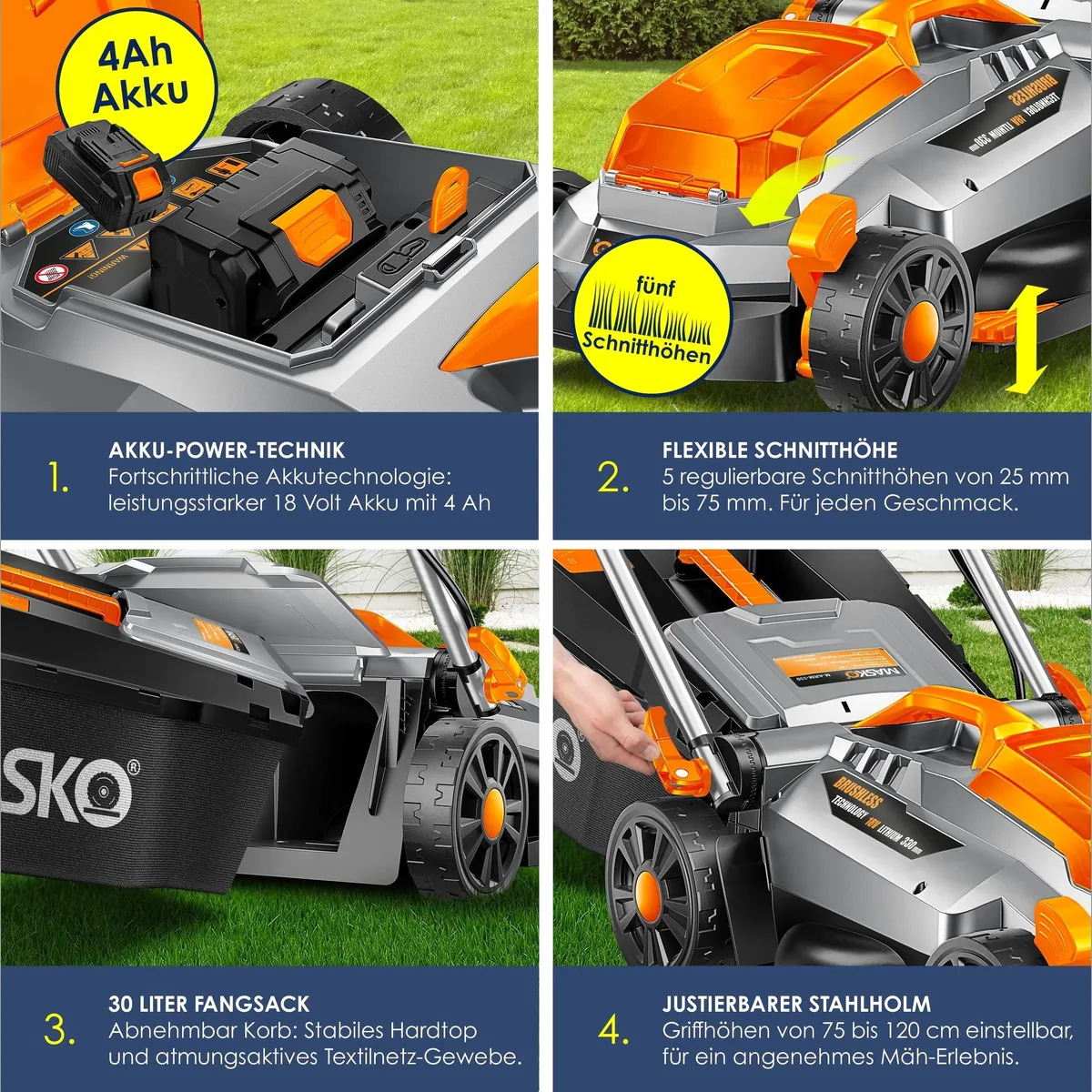 MASKO Akku-Rasenmäher ECO-X10, 33cm Schnittbreite, 4,0Ah Akku, geräuscharm, verstellbare Schnitthöhe 3