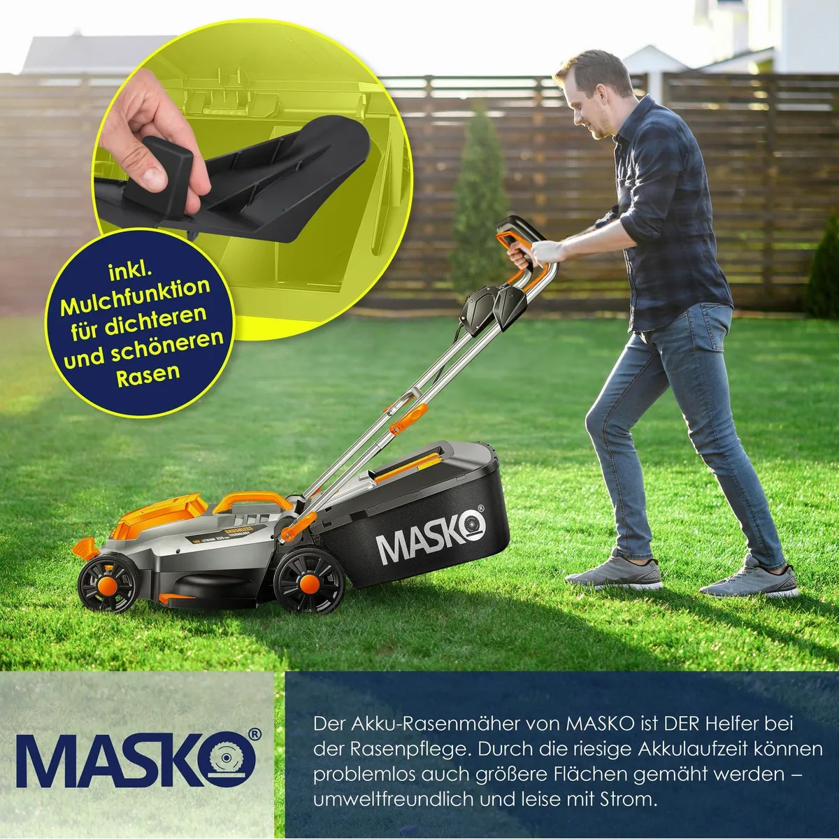 MASKO Akku-Rasenmäher ECO-X10, 33cm Schnittbreite, 4,0Ah Akku, geräuscharm, verstellbare Schnitthöhe 4