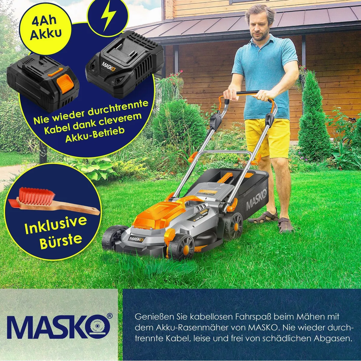 MASKO Akku-Rasenmäher ECO-X10, 33cm Schnittbreite, 4,0Ah Akku, geräuscharm, verstellbare Schnitthöhe 5