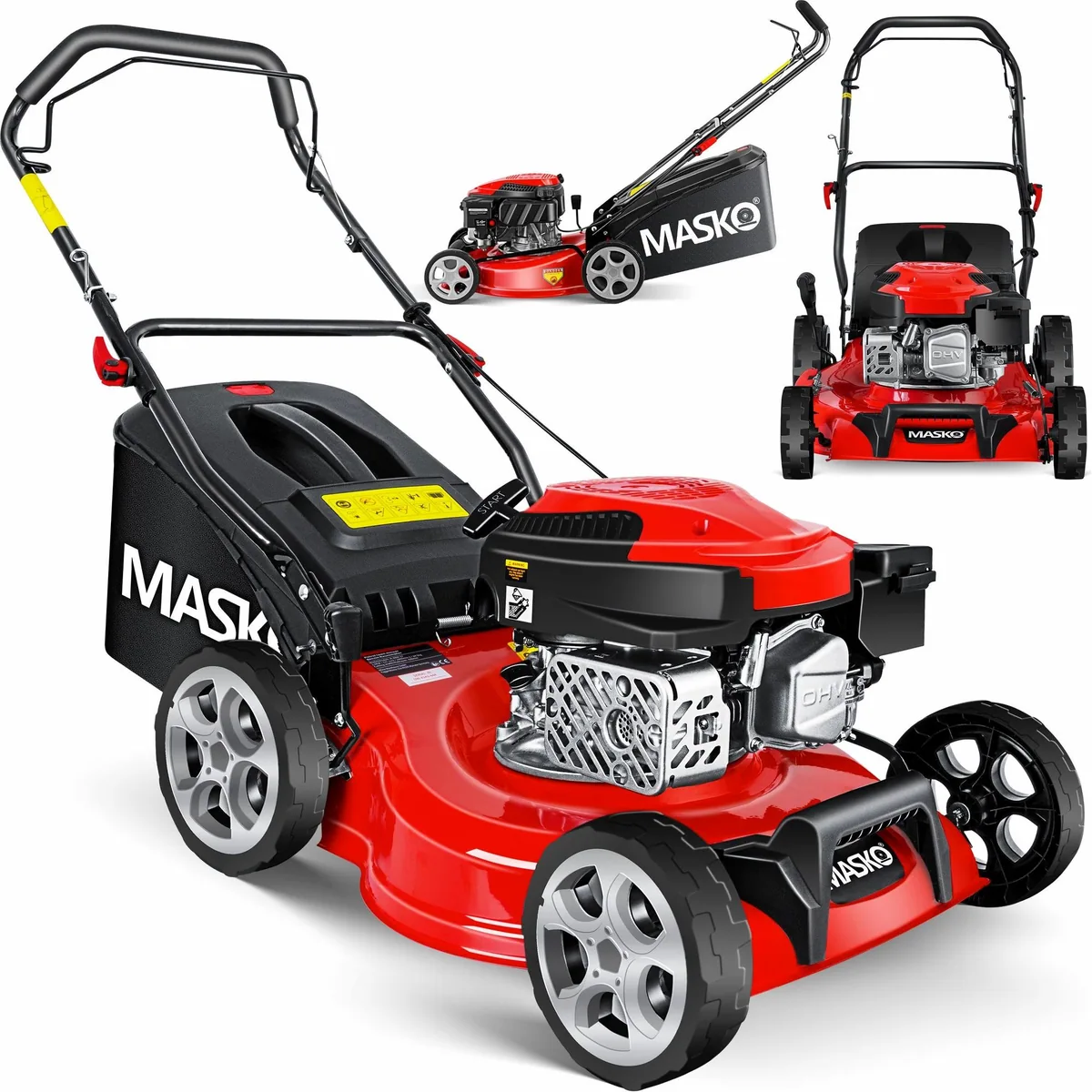 MASKO Benzinrasenmäher 42 cm, kraftvoller 4-Takt-Motor, Mulchfunktion & Fangkorb