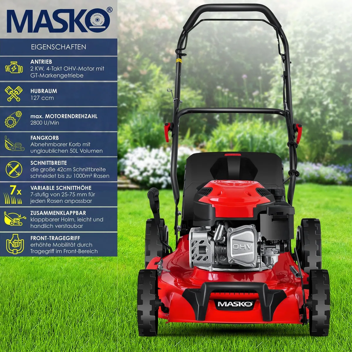 MASKO Benzinrasenmäher 42 cm, kraftvoller 4-Takt-Motor, Mulchfunktion & Fangkorb 2