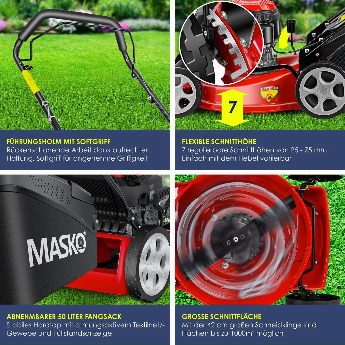 MASKO Benzinrasenmäher 42 cm, kraftvoller 4-Takt-Motor, Mulchfunktion & Fangkorb 3