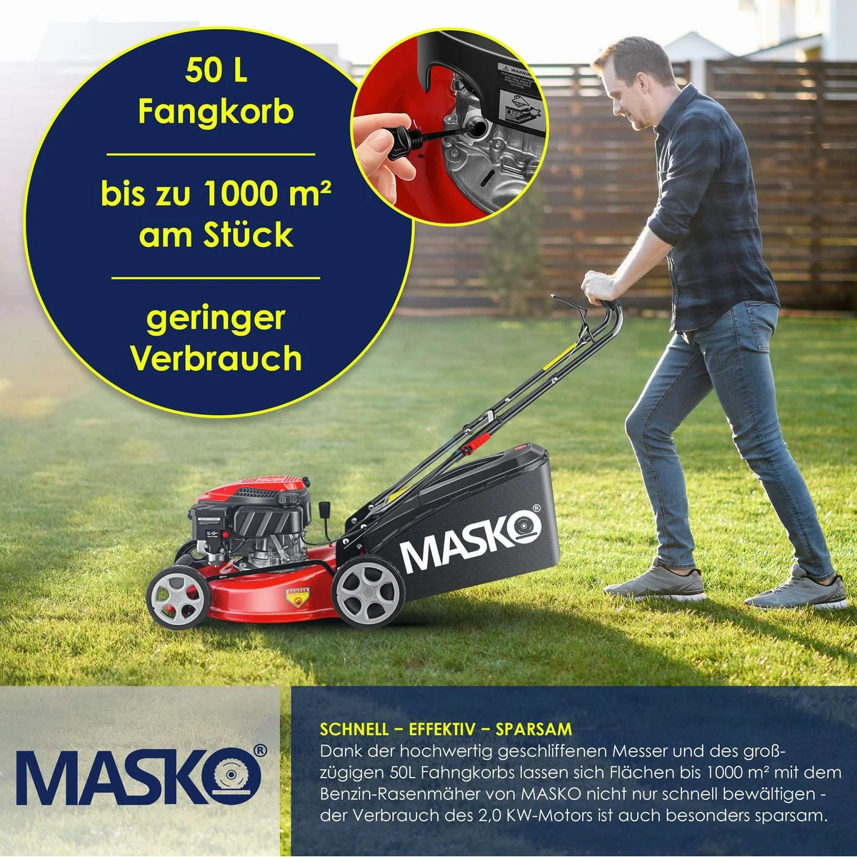 MASKO Benzinrasenmäher 42 cm, kraftvoller 4-Takt-Motor, Mulchfunktion & Fangkorb 4