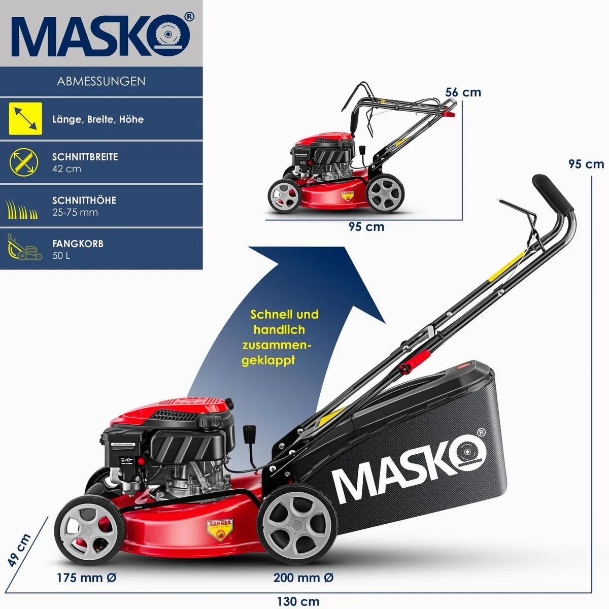MASKO Benzinrasenmäher 42 cm, kraftvoller 4-Takt-Motor, Mulchfunktion & Fangkorb 5