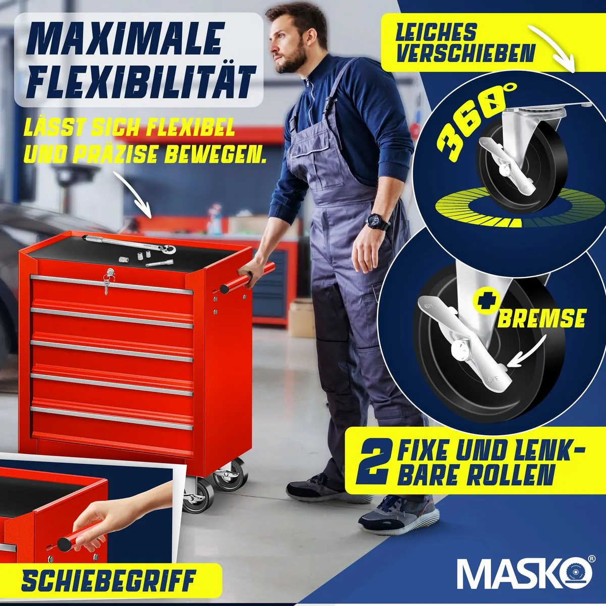 MASKO Werkstattwagen Profi Werkzeugwagen, 5 Schubladen, abschließbar, robustes Metall, mobil 4