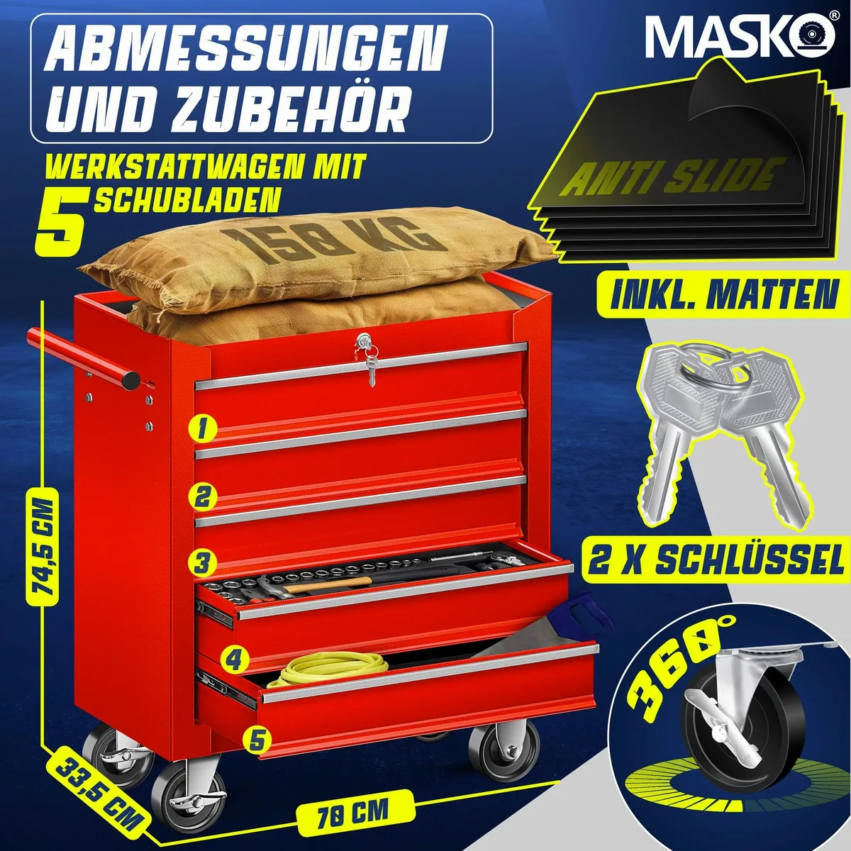 MASKO Werkstattwagen Profi Werkzeugwagen, 5 Schubladen, abschließbar, robustes Metall, mobil 5
