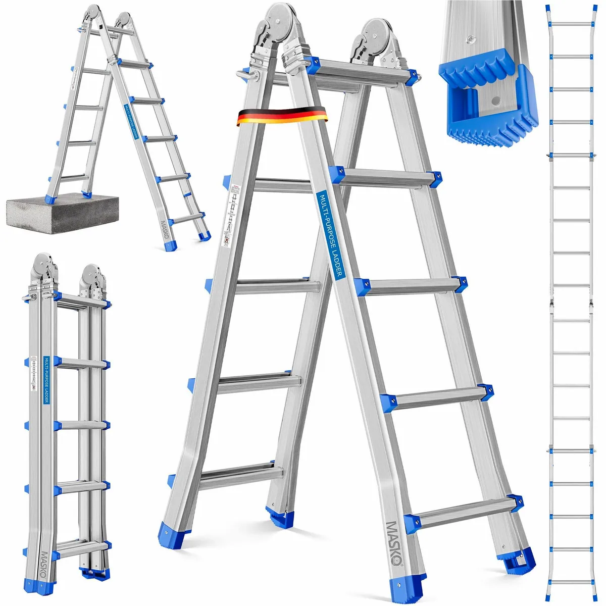MASKO Vielzweckleiter Aluminium 6in1, ausziehbar, rutschfest, multifunktional — 150 kg Tragkraft