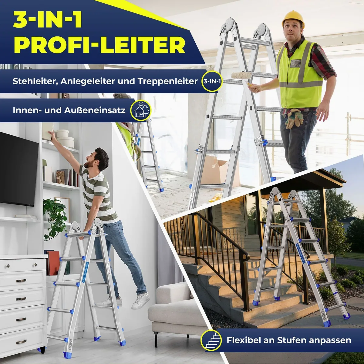 MASKO Vielzweckleiter Aluminium 6in1, ausziehbar, rutschfest, multifunktional — 150 kg Tragkraft 2