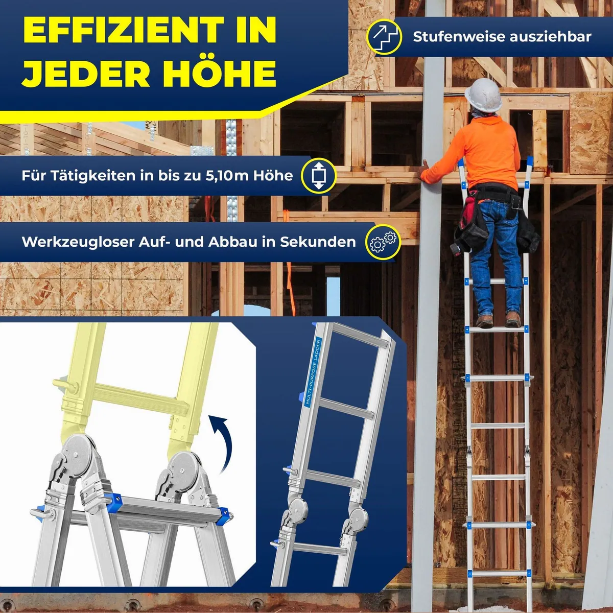 MASKO Vielzweckleiter Aluminium 6in1, ausziehbar, rutschfest, multifunktional — 150 kg Tragkraft 3