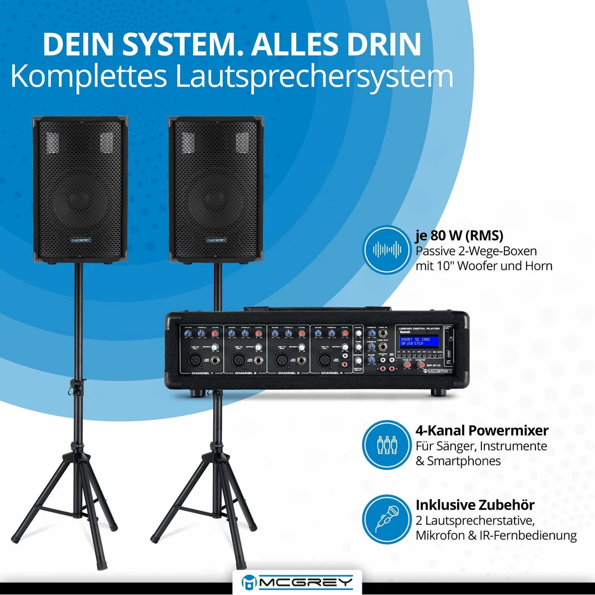 McGrey BP-210 Bandpack PA-Anlage, 100 Watt Leistung, Bluetooth & 4-Kanal Powermixer 4
