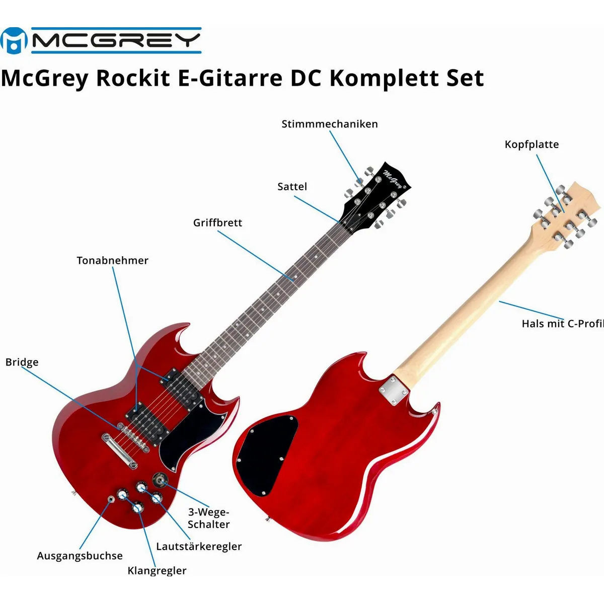 McGrey Rockit E-Gitarre, Double Cut Komplettset mit Verstärker und Zubehör 3