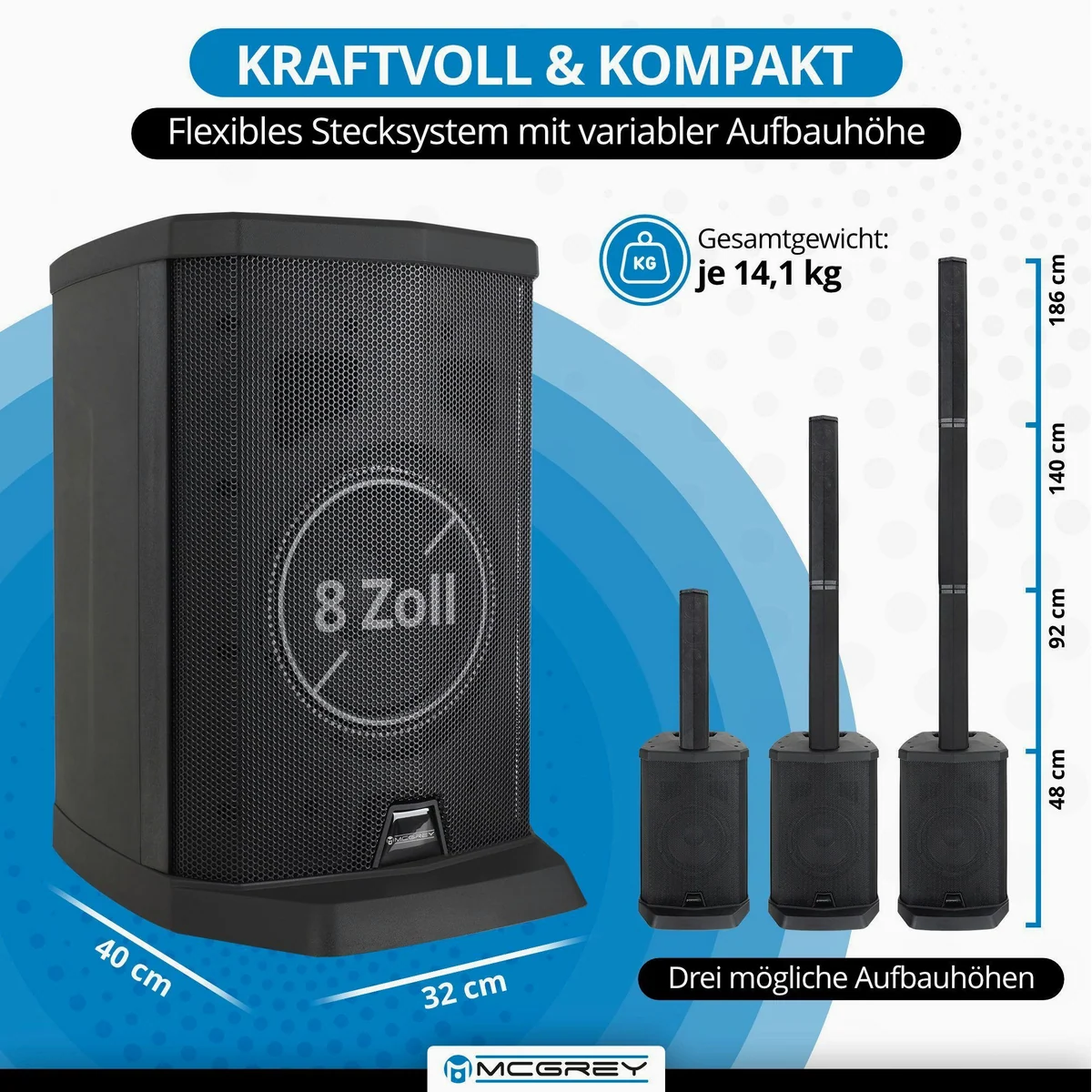 McGrey E-208LA Aktiv Line Array Säulenanlage, kabelloser Stereo-Sound, flexibles Stecksystem 3