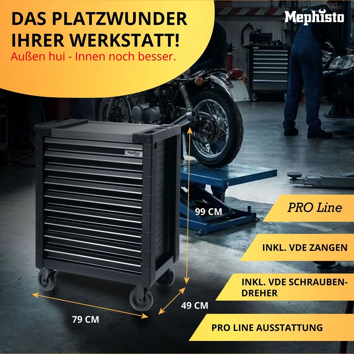 Mephisto-Tools Werkzeugwagen ProLine, 9 Schubladen, Chrom Vanadium Stahl — kompakt, sicher, mobil 2