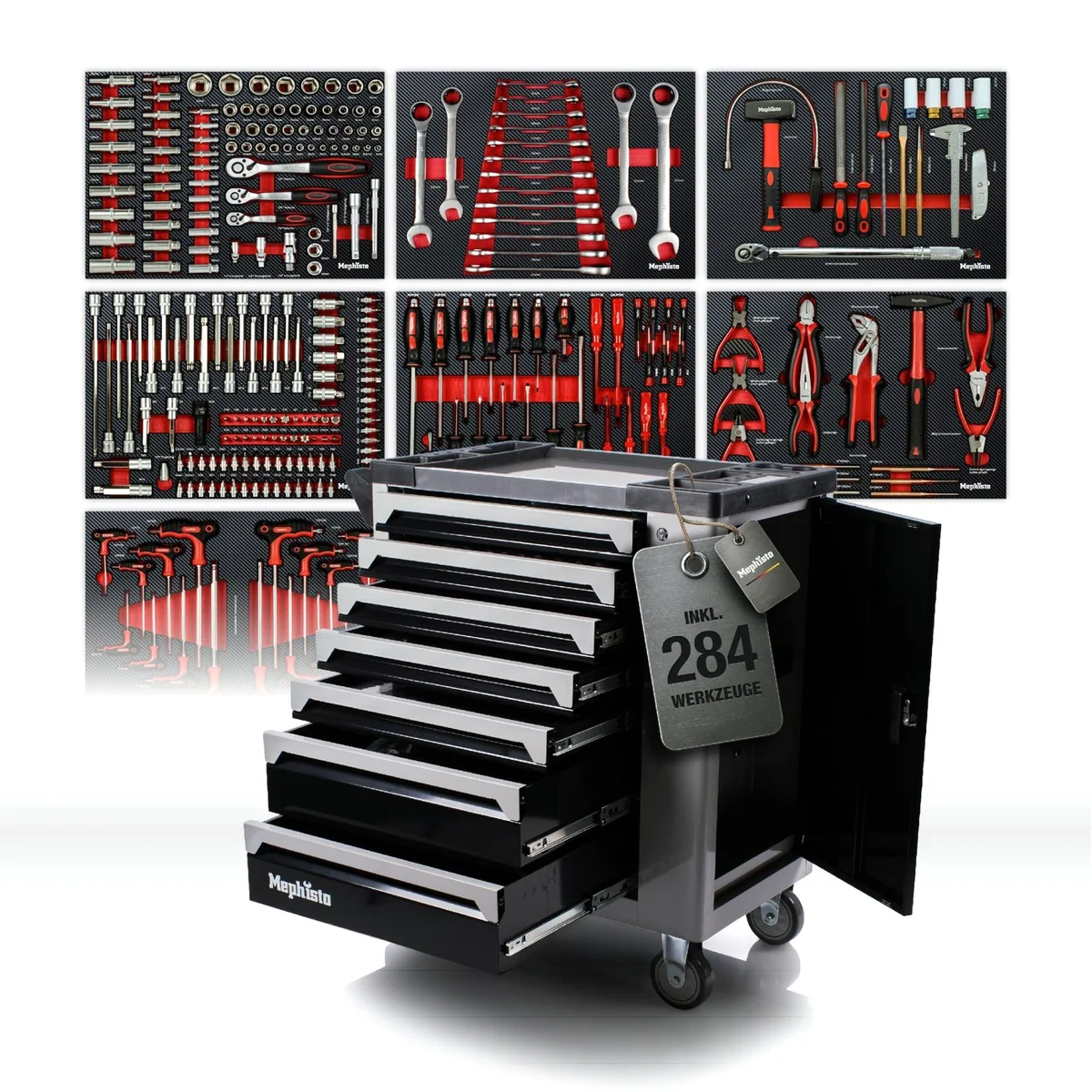 Mephisto-Tools Premium XXL Werkzeugwagen, 7 Schubladen, abschließbar, inklusive Werkzeug