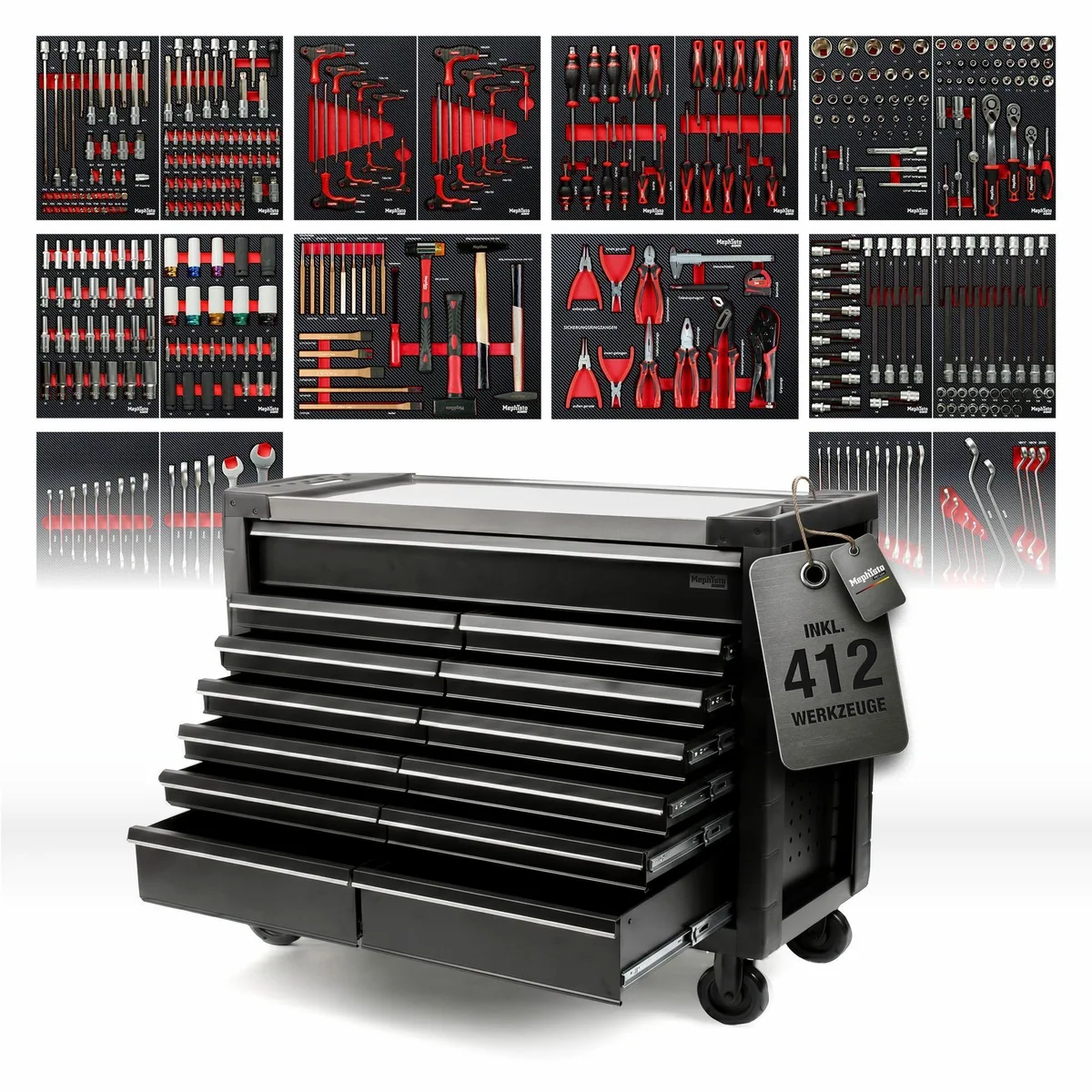 Mephisto-Tools Werkzeugwagen Double Full Black, 13 Schubladen, 412-teiliges Werkzeugset, hohe Belastbarkeit