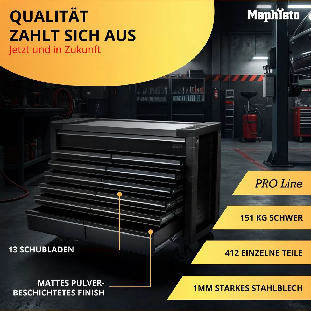 Mephisto-Tools Werkzeugwagen Double Full Black, 13 Schubladen, 412-teiliges Werkzeugset, hohe Belastbarkeit 3