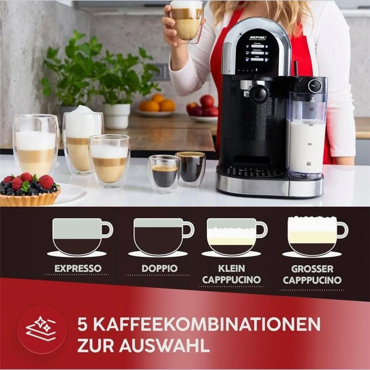 MPM MKW-14M Siebträgermaschine, Automatisches Milchsystem, bis zu 6 Kaffeevariationen 4