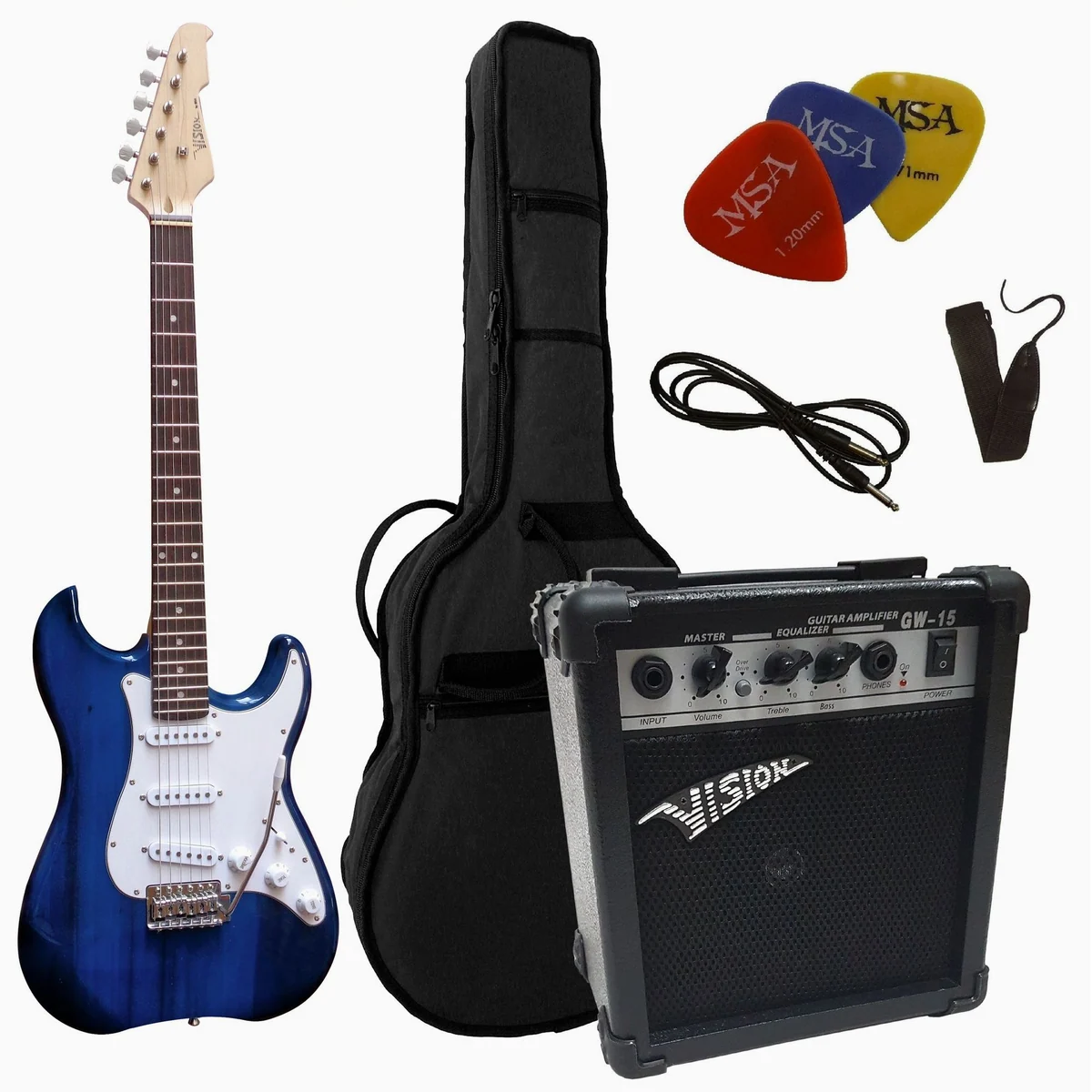 MSA E-Gitarre 3/4 Junior, hochglanzpolierter Holzkörper, 20 Watt Verstärker