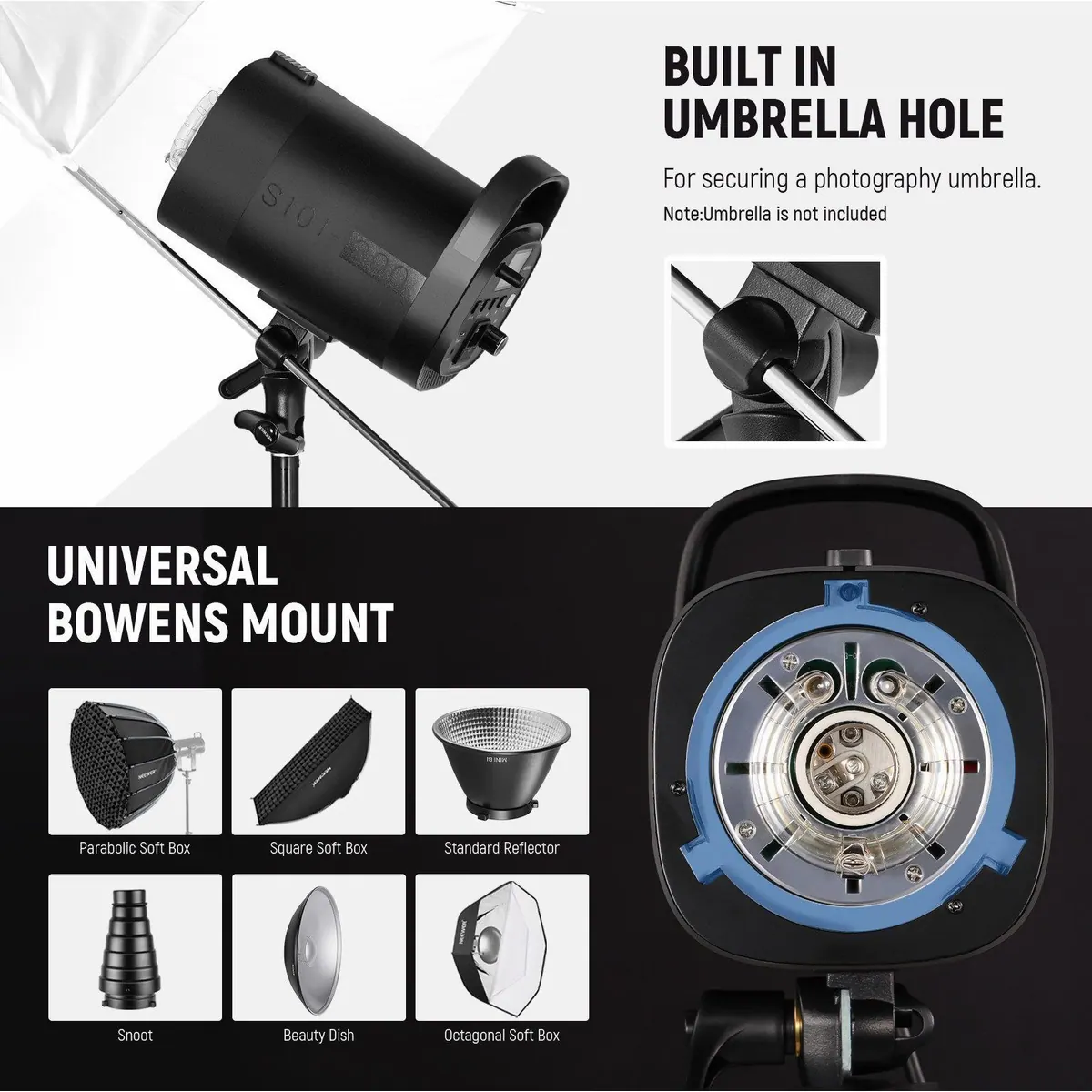 Neewer S101-300W PRO Studio Monolight Set, 2x 300Ws Blitz, 2,4G Auslöser, Bowens Mount 4