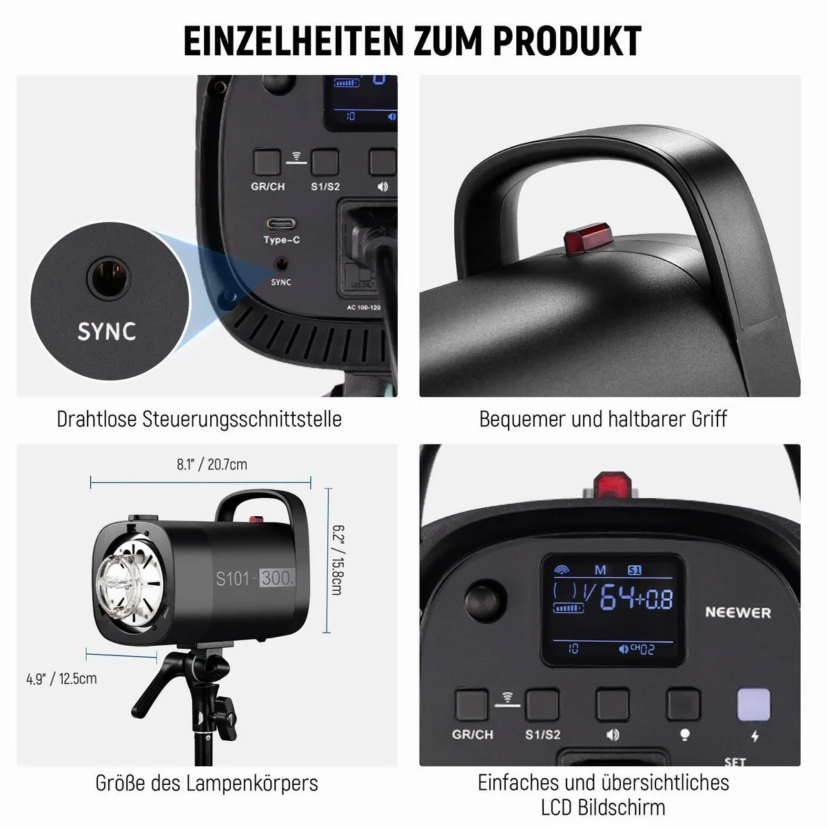 Neewer S101-300W PRO Studio Monolight Set, 2x 300Ws Blitz, 2,4G Auslöser, Bowens Mount 5