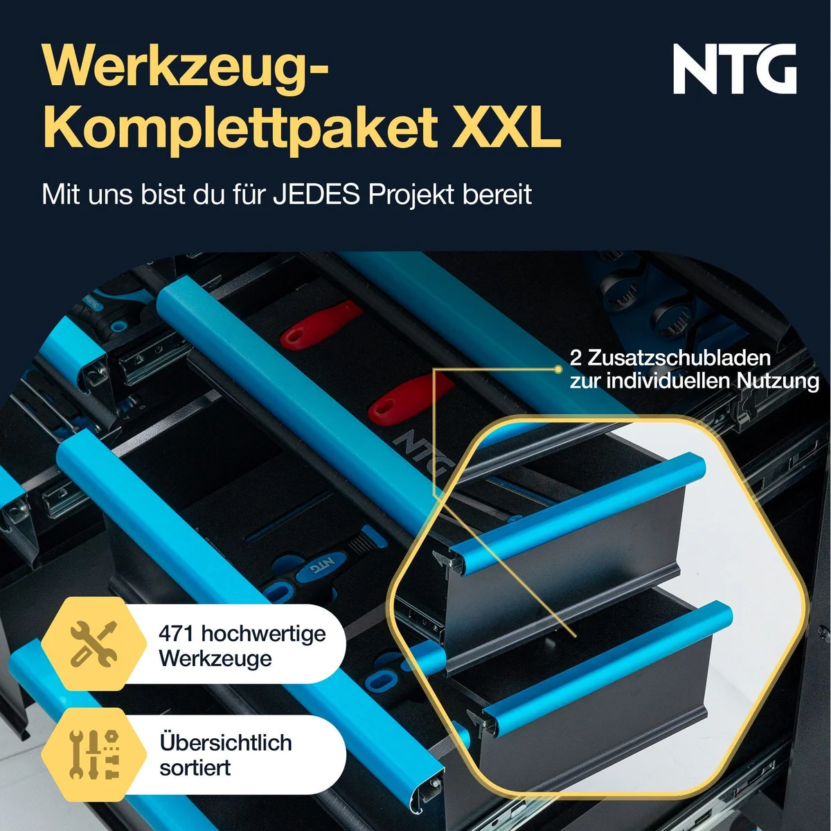 NTG XXL Werkzeugwagen, 471-tlg. Werkzeugset, 12 Schubladen, abschließbar 2