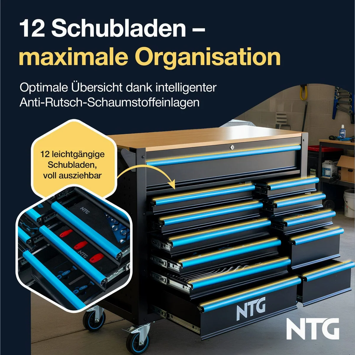NTG XXL Werkzeugwagen, 471-tlg. Werkzeugset, 12 Schubladen, abschließbar 4