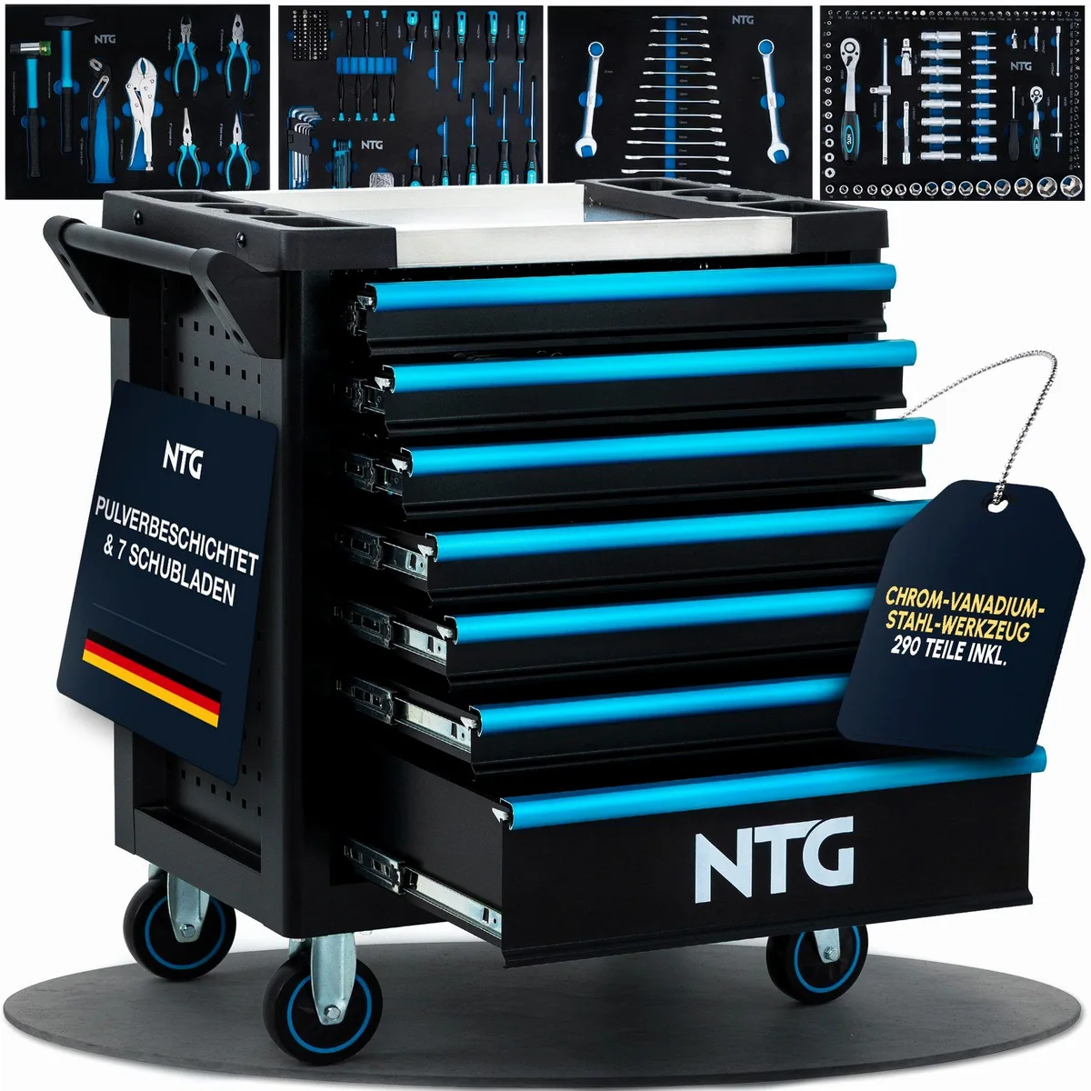 NTG Werkzeugwagen 290-tlg, 7 Schubladen, abschließbar, mobil — max. Traglast 450 kg
