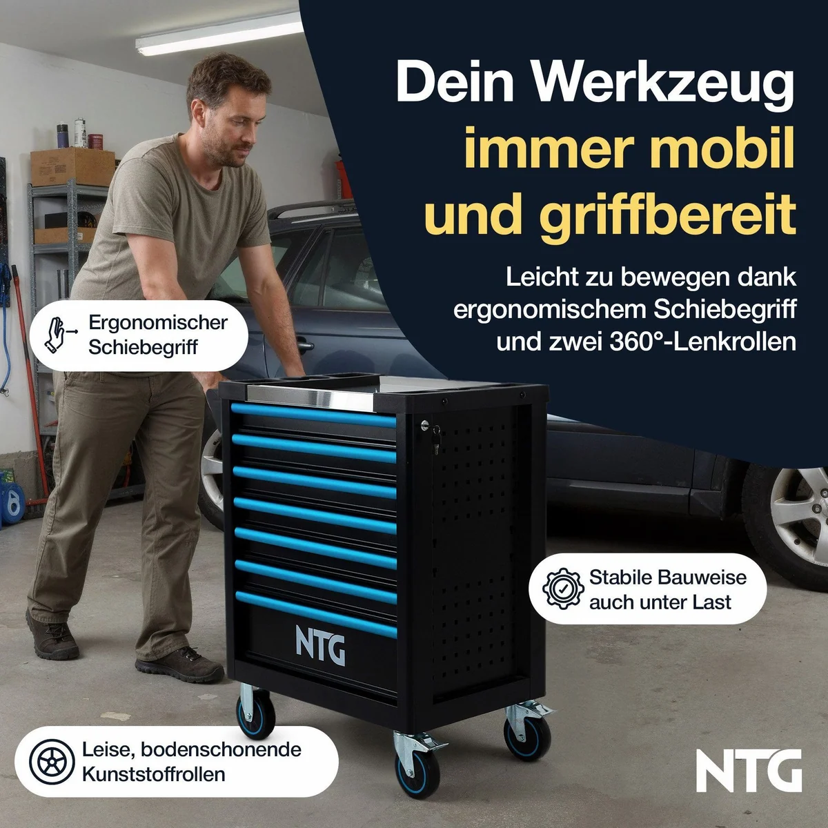 NTG Werkzeugwagen 290-tlg, 7 Schubladen, abschließbar, mobil — max. Traglast 450 kg 2