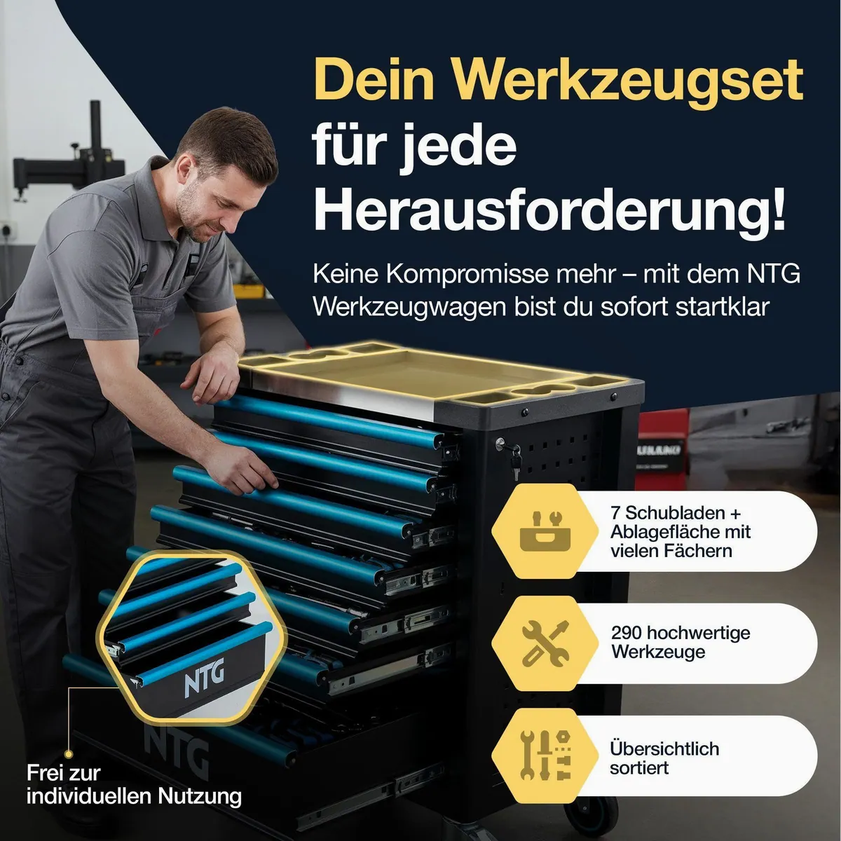 NTG Werkzeugwagen 290-tlg, 7 Schubladen, abschließbar, mobil — max. Traglast 450 kg 4