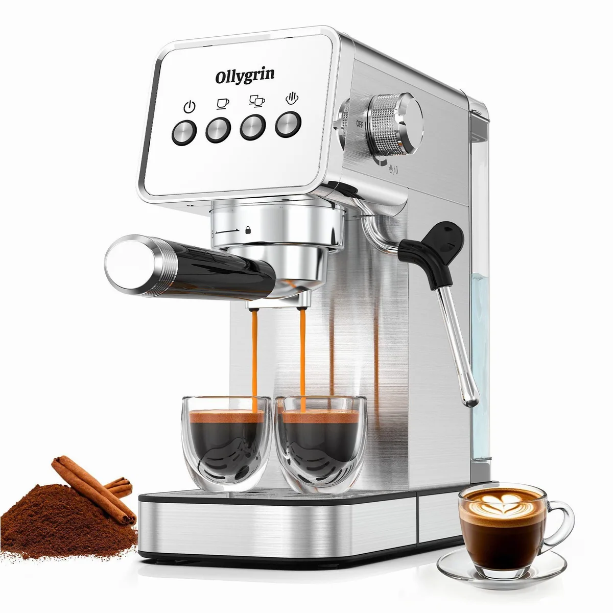 Ollygrin Espressomaschine 15 Bar, Edelstahl, Dampfaufschäumer, 1,2-Liter-Wassertank