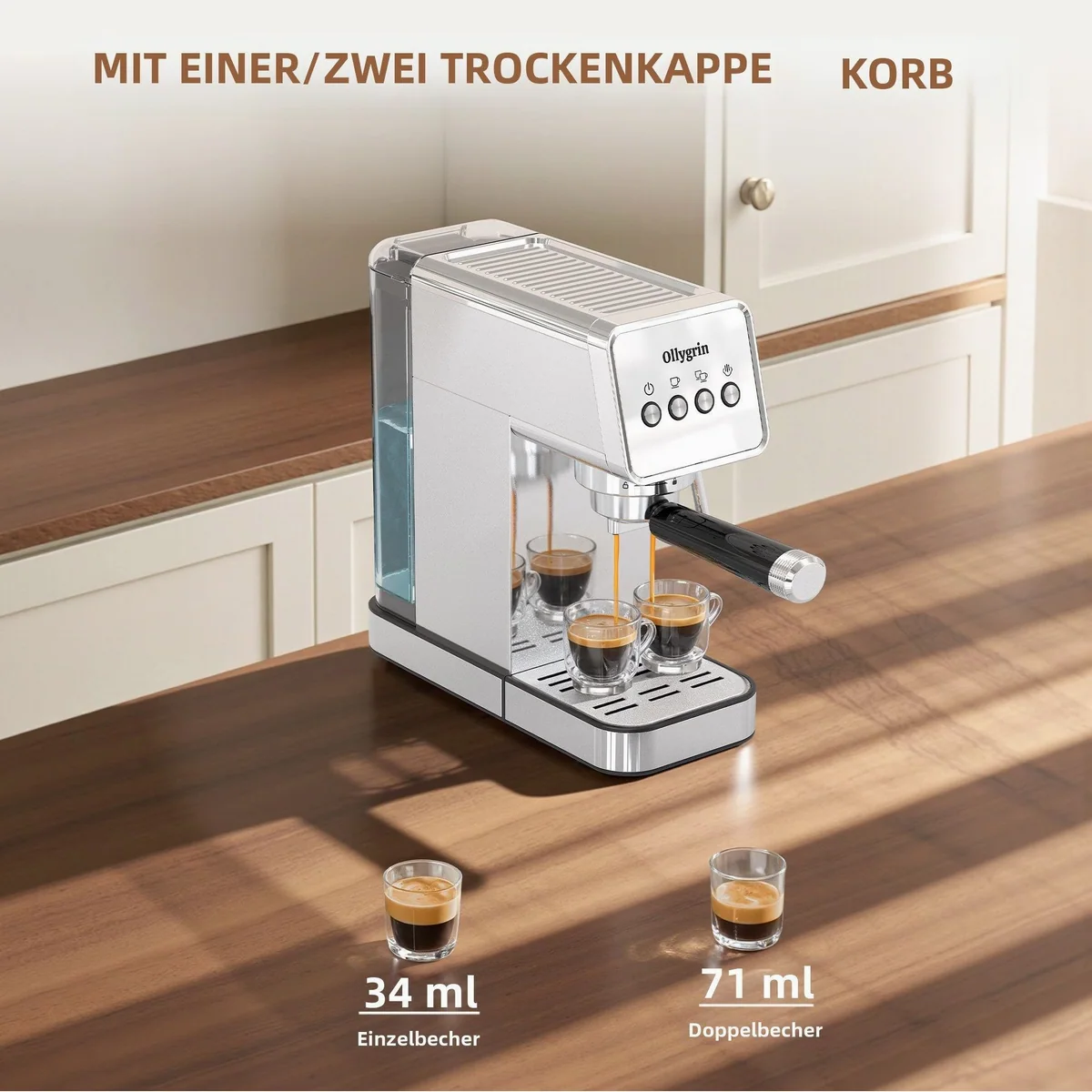 Ollygrin Espressomaschine 15 Bar, Edelstahl, Dampfaufschäumer, 1,2-Liter-Wassertank 2